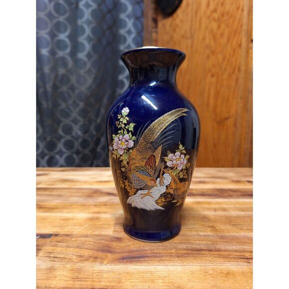 Blue Cloisonne Style 7" Tall Gold Enamel‎ Peacock Ceramic Urn Vase Unmarked - Picture 1 of 8